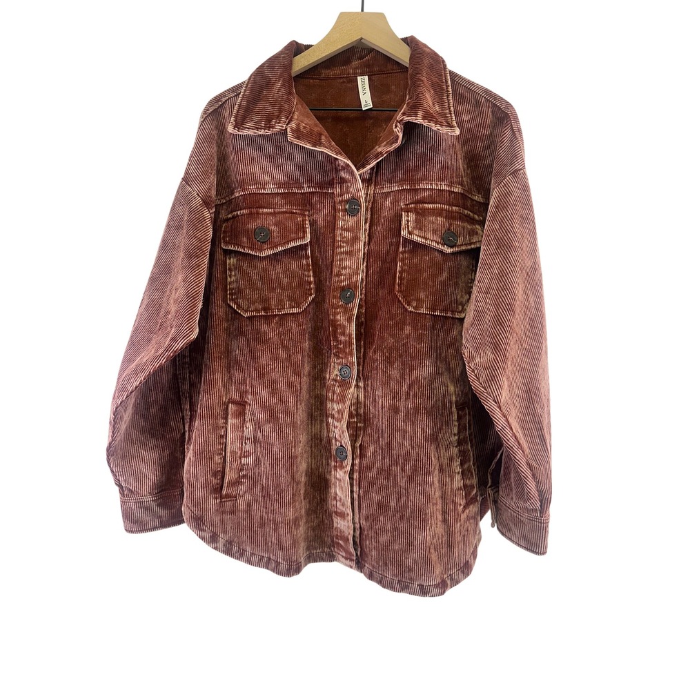 Zenana Corduroy Shacket Jacket Vintage Washed Button Pockets Maroon Women Large